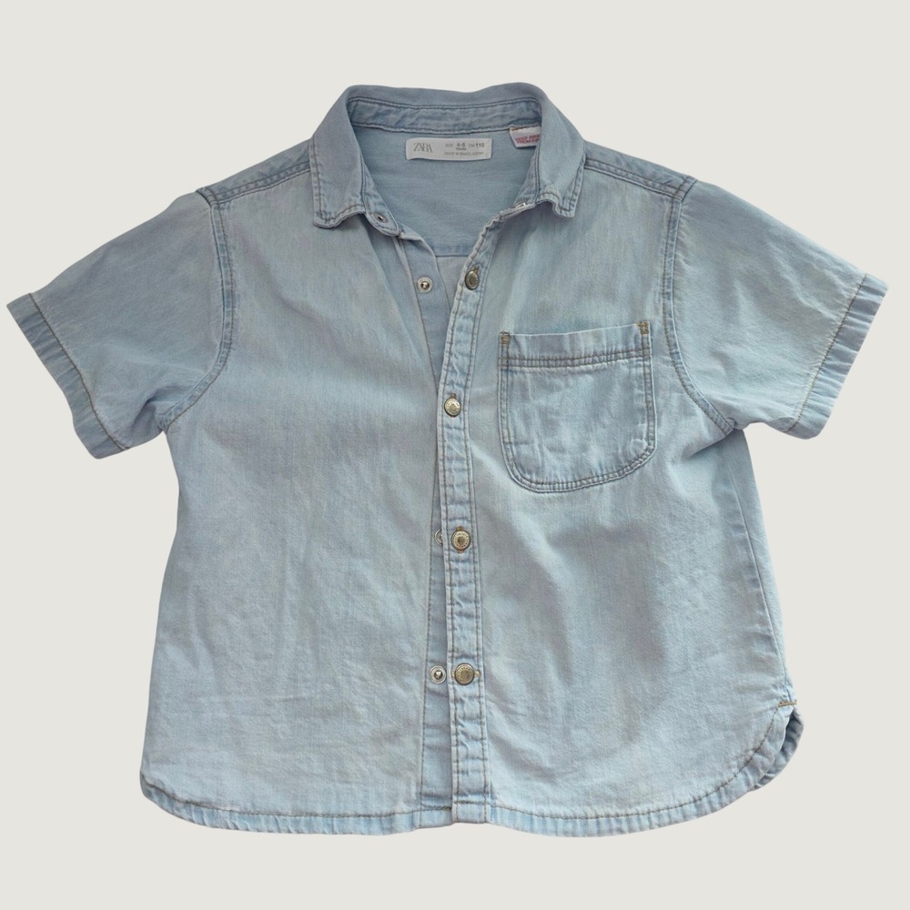 Zara Denim Shirt Kids Size 4-5Y Light Blue Excellent Short Sleeve Snap Front